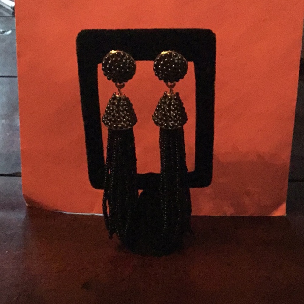 Women’s Black Silver Beaded Tassels Earrings